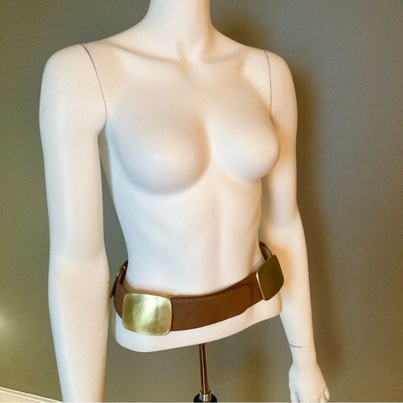 Donna Karan belt small leather chunky metal hardware western brown metallic